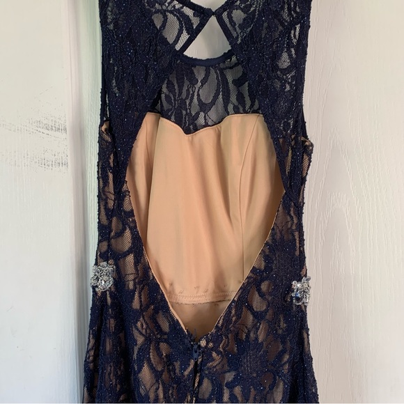 Navy Blue lace open back formal dress with beaded belt - Picture 5 of 7